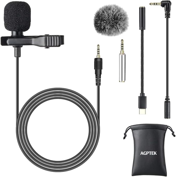 AGPTEK Lavalier Microphone, 3.5mm Hands Free Clip-On Lapel Mic with Omnidirectional Condenser for Camera, iPhone, Android, DSLR, Smartphones, PC,Laptop